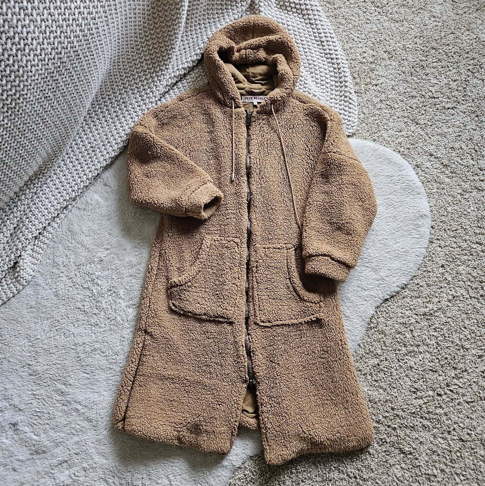 Free People Hooded Cassie Teddy Duster Coat Cinnamon - Picture 4 of 9